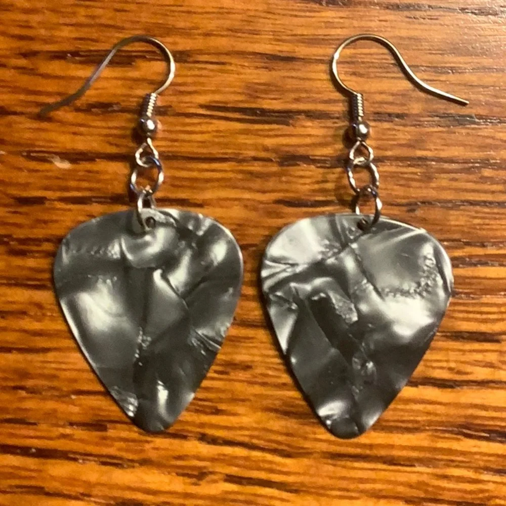 Black Pearlescent Guitar Pick Earrings Unisex New